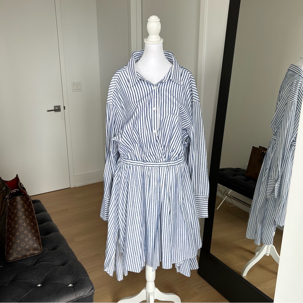 By Any Other Name Long Sleeve Blue & White Striped Midi Shirt Dress Size XL